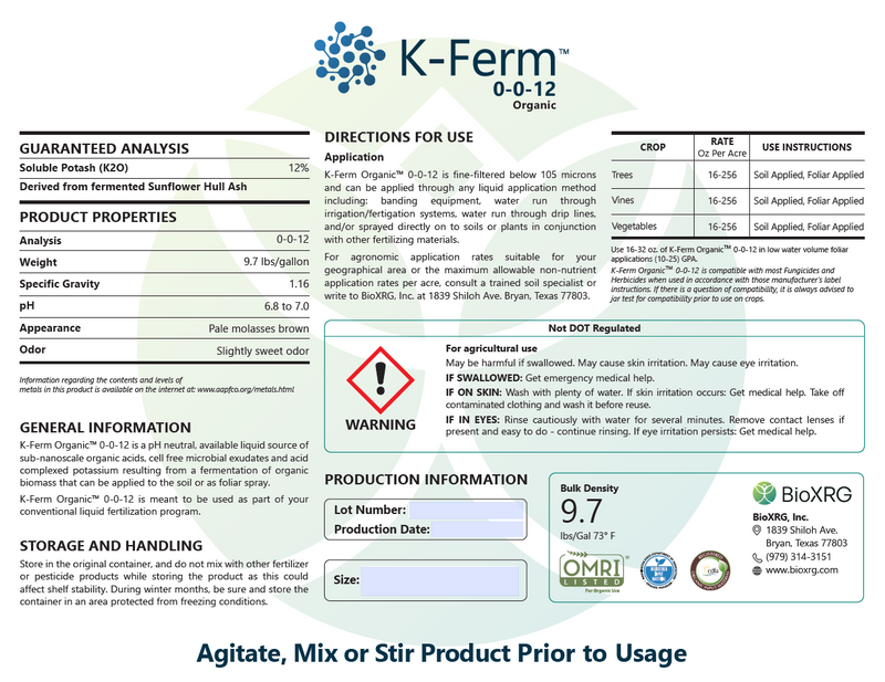 K-Ferm 0-0-12 Organic Certified Potassium Acetate & Biostimulant-BioXRG